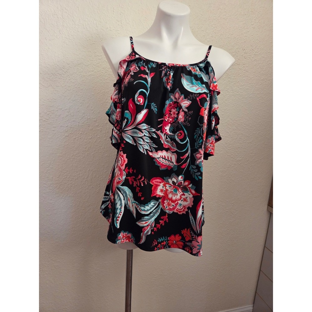 Floral Cold Shoulder Ruffle Sleeve Top Black Pink Teal Multi-Color Blouse